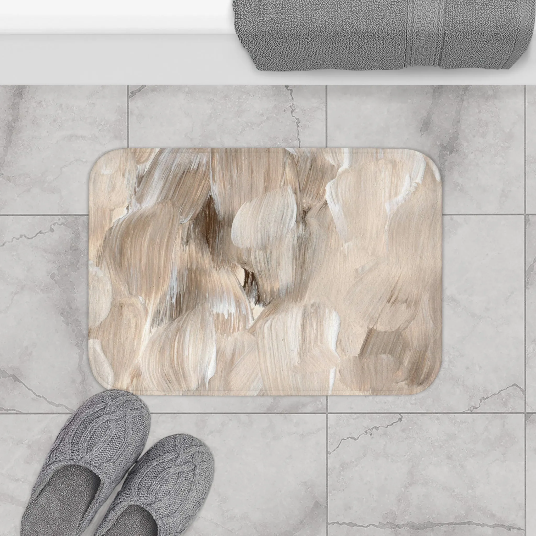 Abstract Bath, Kitchen Floor Mat | Beige Brown Taupe Ombre Paint Print