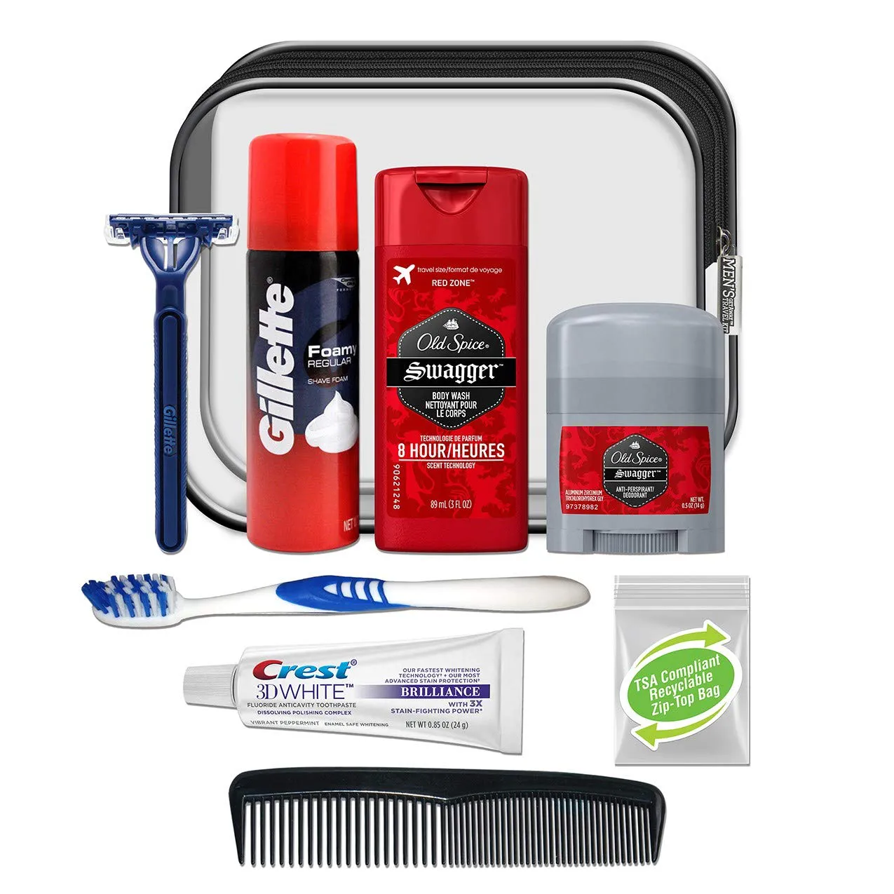 Convenience Kits International Men'S Premium 15-Piece Kit Wth Travel Size TSA Compliant Essentials, Featuring: Head & Shoulders Dandruff Shampoo Classic Clean and Palm Scalp Brush in Black Dopp Bag
