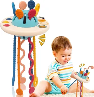 Kidology Pull String Toy for Babies Teething Strings Sensory Montessori Toys Baby Girl,Travel Toy for 6 Months Boy Food Grade Silicone Fine Motor Skills Toy for Toddlers (UFO), Multicolor