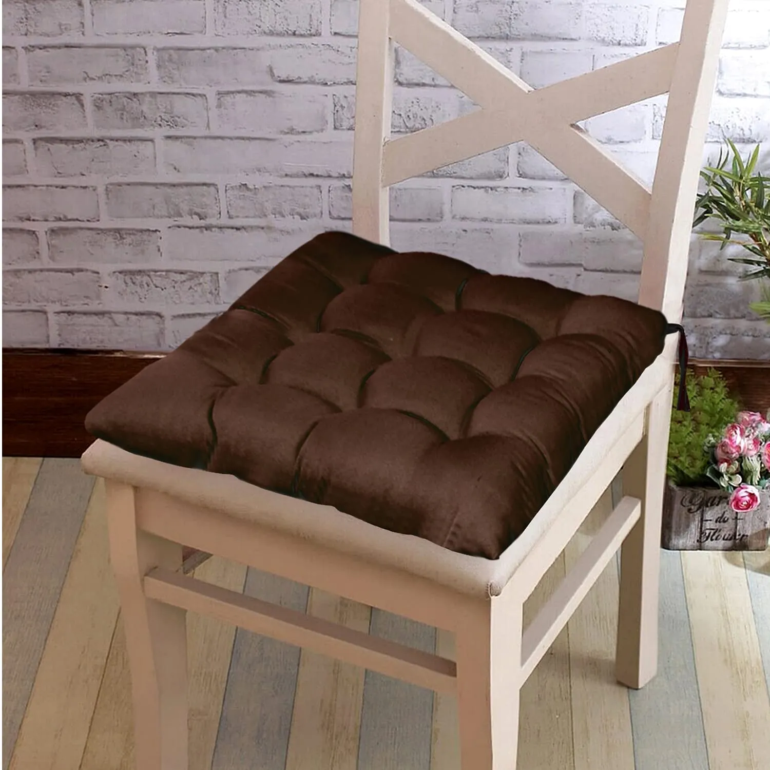 Kuber Industries Microfiber Square Chair Pad Seat Cushion for Car Pad, Office Chair, Indoor/Outdoor, Dining Living Room, Kitchen with Ties-Pack of 4, 18 * 18 Inch (Brown)