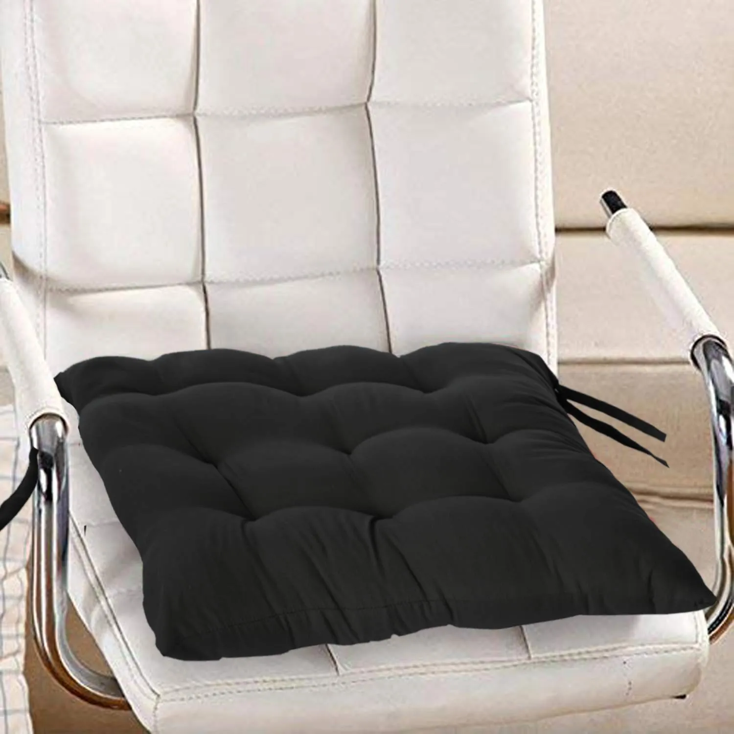 Kuber Industries Microfiber Square Chair Pad/Cushion for Office, Home or Car Sitting with Ties, 18 * 18 Inch (Black)