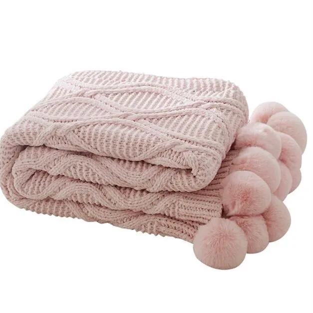 Nordic Cable Knit Throw Blankets with Faux Fur Trim Poms