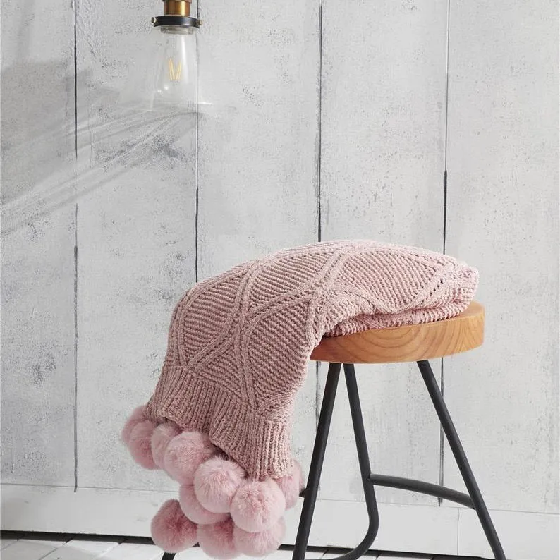 Nordic Cable Knit Throw Blankets with Faux Fur Trim Poms
