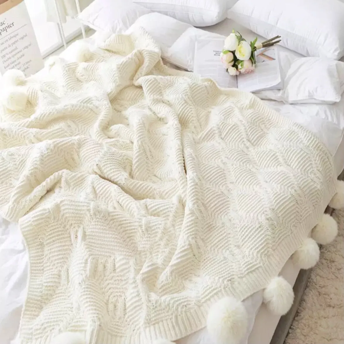 Nordic Cable Knit Throw Blankets with Faux Fur Trim Poms