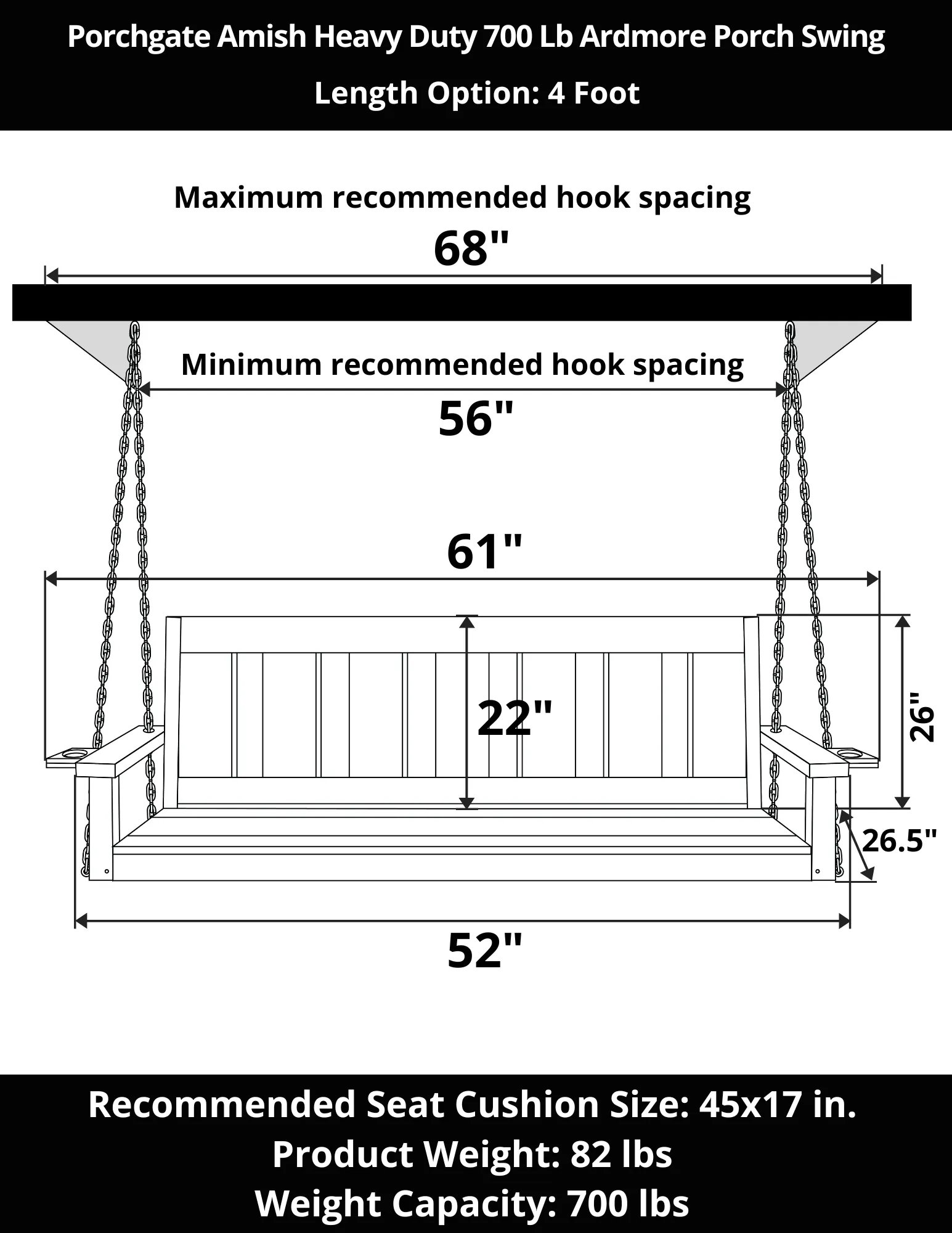 Porchgate Amish Heavy Duty 700 Lb Ardmore Porch Swing