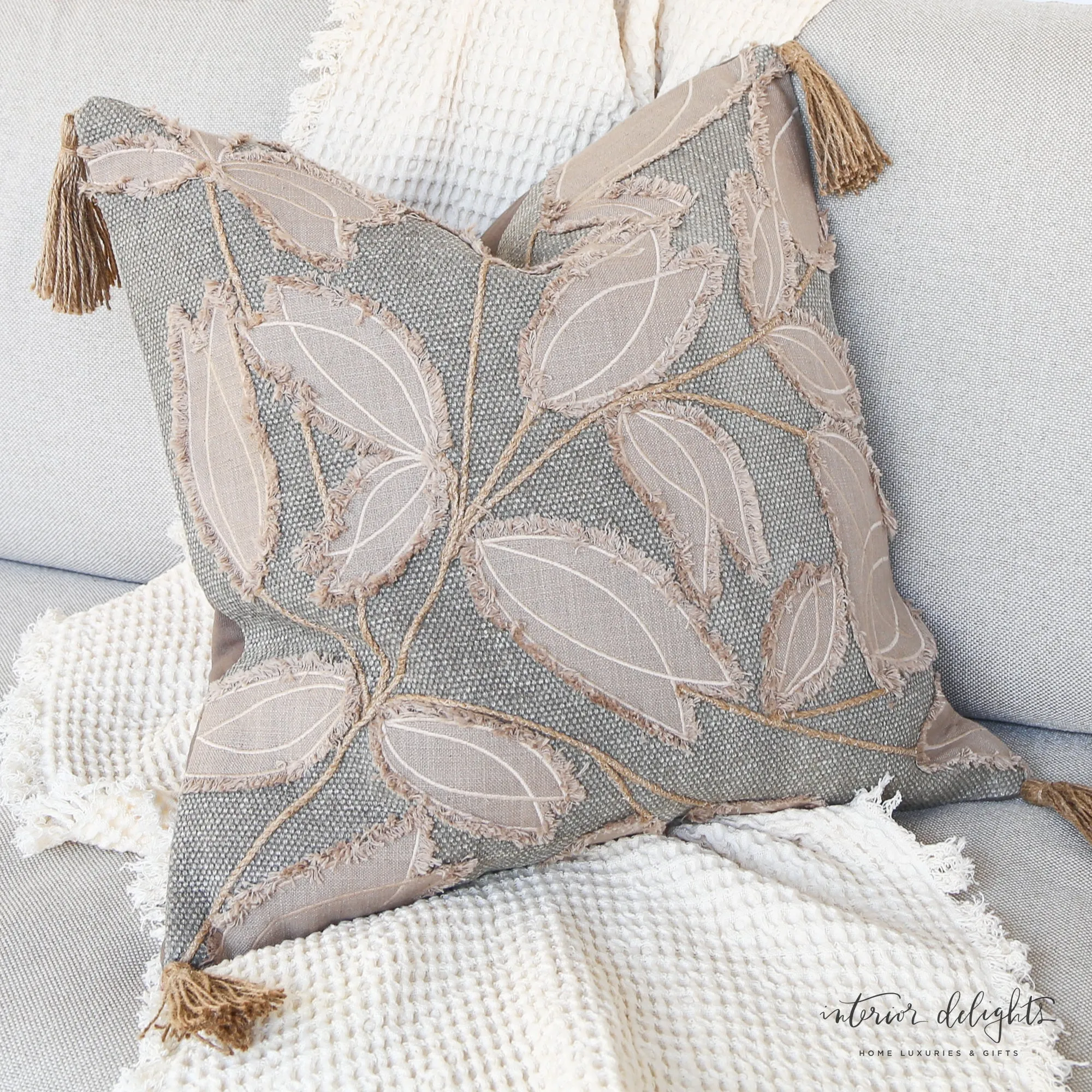 Square Gray Pillow With Taupe Leaf Pattern
